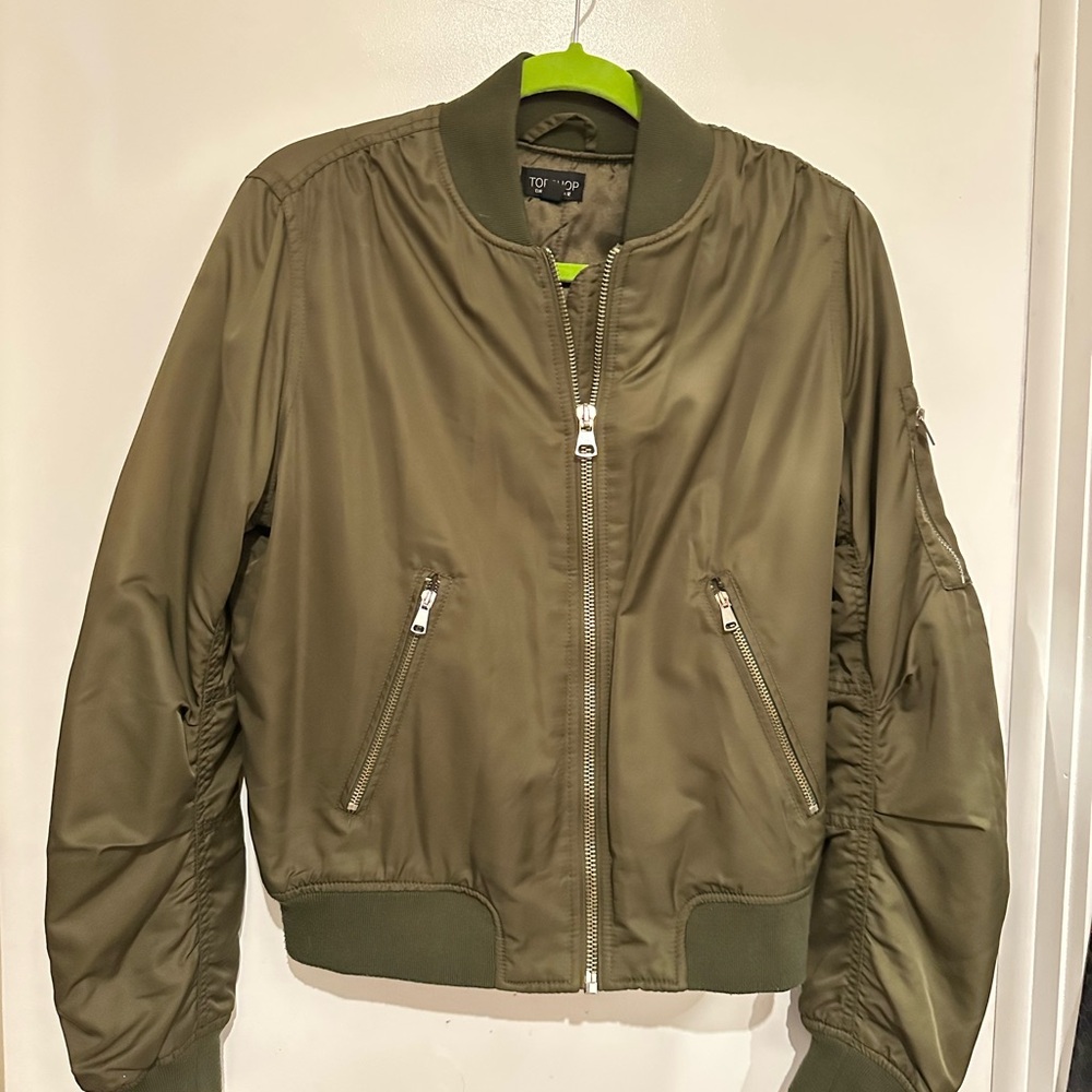 Topshop Green Bomber Jacket with Zip Details